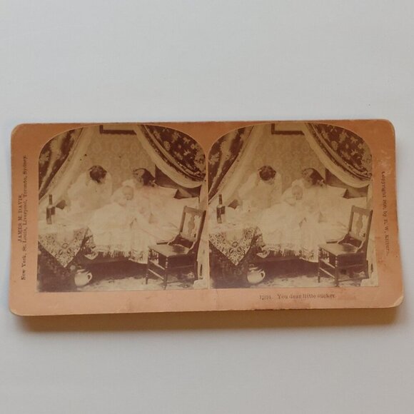 ANTIQUE Stereograph Card James M. Davis Victorian Baby Scene "You dear little... - Picture 1 of 4